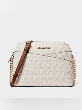 Michael Kors Vanilla Acorn Brown Jet Set Travel Medium Logo Dome Crissbody Bag